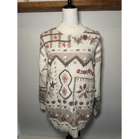 Vintage Sweater Hand Knit Cottage Core Granny Core Floral Sweater Large 3D - Picture 2 of 9